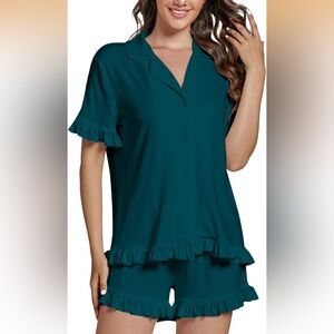 Women's Teal Ruffle button down Sleepwear Set size small s can fit medium